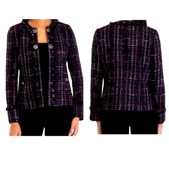 Anne Klein Tweed Kissing Front Jacket with Fringe Royal Purple - Size 6 - $189 - Picture 1 of 10